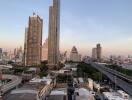 City skyline with tall buildings and residential area