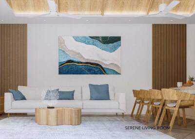 Modern living room with wooden accents and abstract wall art