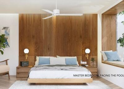 Master bedroom with wood panel wall and pool view