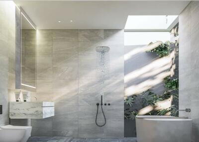 Modern bathroom with walk-in shower and bathtub
