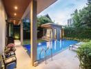 Luxurious outdoor area with swimming pool and modern house