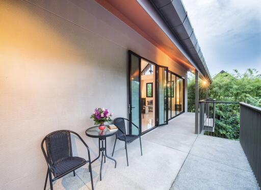 Outdoor patio with seating and view