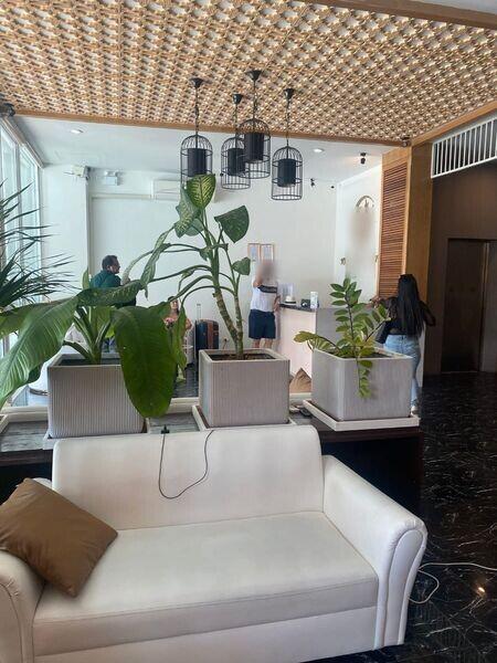 Modern building lobby with seating area and plant decor.