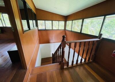Wooden stairwell with extensive windows