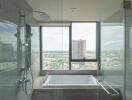 Modern bathroom with large window and city view