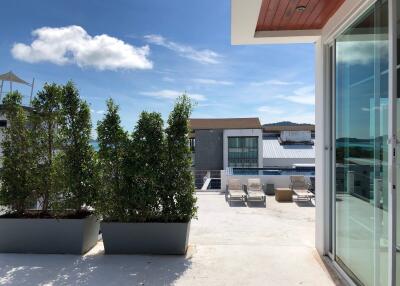 Rooftop patio with plants and sun loungers