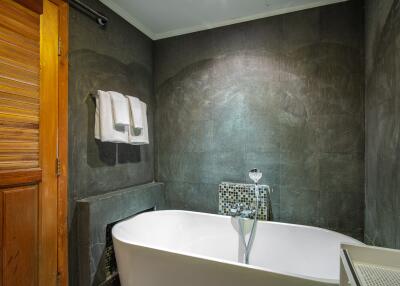 Modern bathroom with a bathtub and dark tile walls