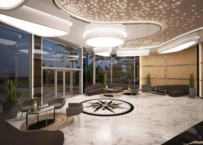 Modern lobby with unique lighting and seating arrangements