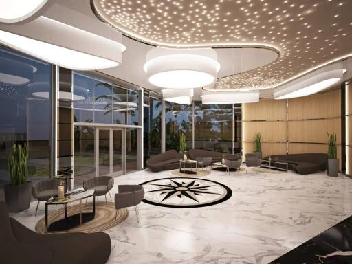 Modern lobby with unique lighting and seating arrangements