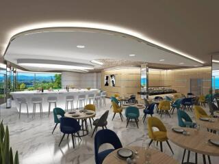 Modern dining area with panoramic windows and colorful seating