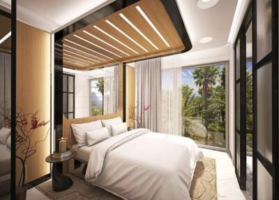 Modern and luxurious bedroom with large windows and garden view