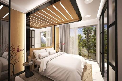 Modern and luxurious bedroom with large windows and garden view