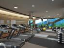 Modern gym with various equipment, including treadmills and weights