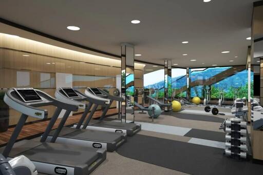 Modern gym with various equipment, including treadmills and weights