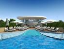 Luxurious outdoor swimming pool area with sun loungers and umbrellas