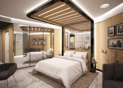 Modern and elegant bedroom with a large bed, contemporary decor, and stylish lighting