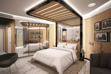 Modern and elegant bedroom with a large bed, contemporary decor, and stylish lighting