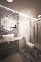 Modern bathroom with marble design and mosaic tile accent wall