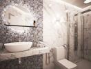 Modern bathroom with marble design and mosaic tile accent wall