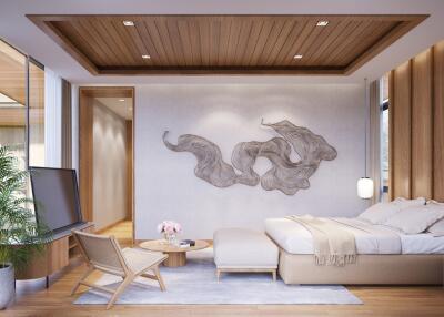 Modern bedroom with wooden ceiling and art decor