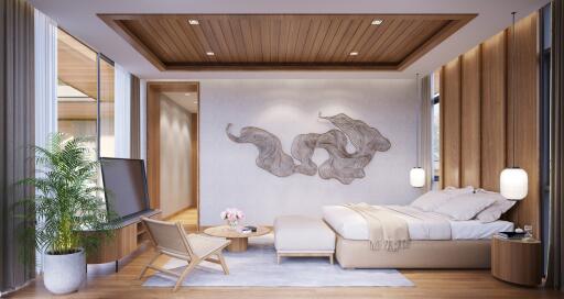 Modern bedroom with wooden ceiling and art decor