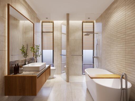 Modern bathroom with bathtub, sink, and shower