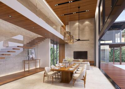Modern living and dining room with high ceilings and large windows