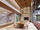 Modern living and dining room with high ceilings and large windows