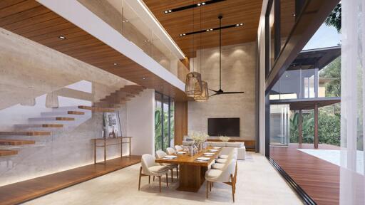 Modern living and dining room with high ceilings and large windows