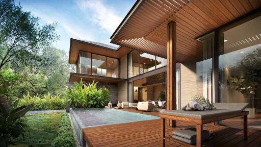 Modern house with pool and outdoor seating