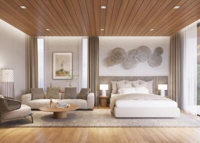 Spacious and modern bedroom with large windows, wooden floors, and contemporary decor