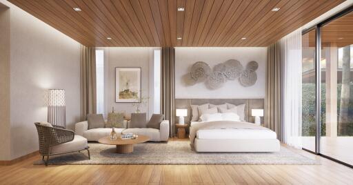 Spacious and modern bedroom with large windows, wooden floors, and contemporary decor