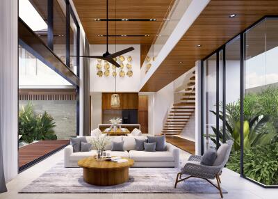 Modern living room with high ceiling and glass walls