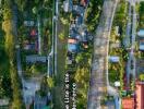 Aerial view of a residential area near a water body