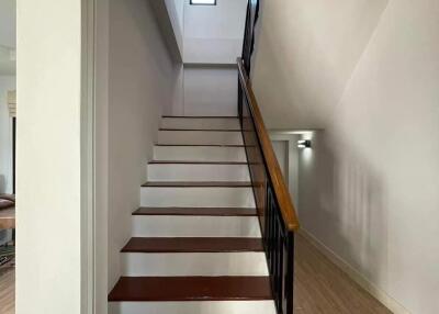 Staircase with wooden steps and handrail leading to upper floor