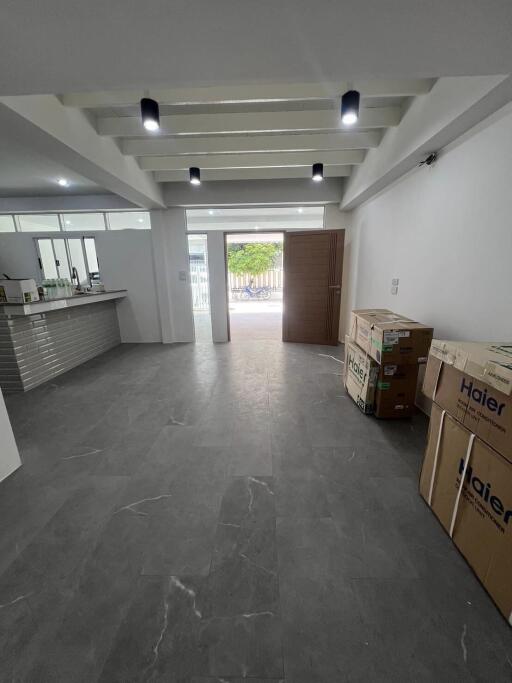 open living area with kitchen and large windows