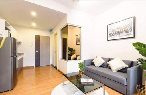 Modern living room with gray sofa and glass coffee table