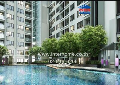 Modern condominium building with a swimming pool