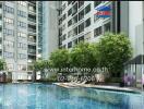 Modern condominium building with a swimming pool