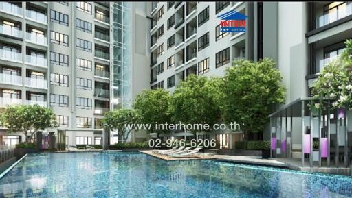 Modern condominium building with a swimming pool