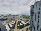 Aerial view of a cityscape featuring IKEA, residential and commercial buildings