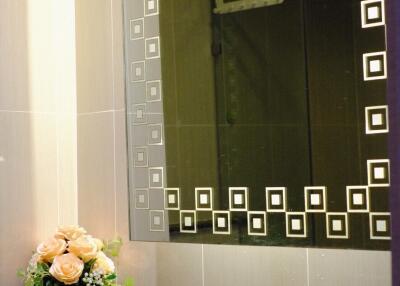 Bathroom with modern sink and decorative mirror