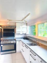 Modern kitchen with large stove and window