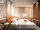 Modern bedroom with queen-size bed, stylish decor, and ambient lighting