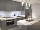 Modern kitchen with marble countertops and stylish lighting