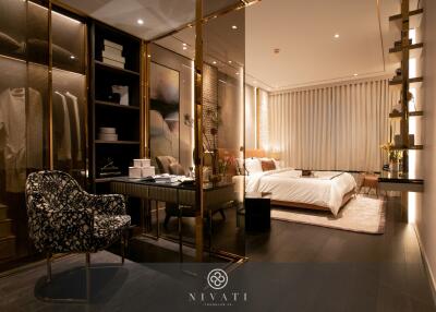 luxurious bedroom with organized closet and modern decor