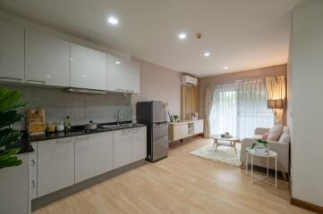 Modern kitchen and living area with natural lighting