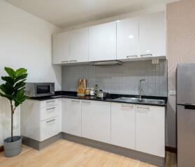 Modern kitchen with white cabinets and appliances