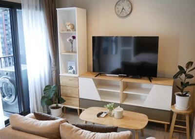 Modern and cozy living room with TV, sofa, and natural light