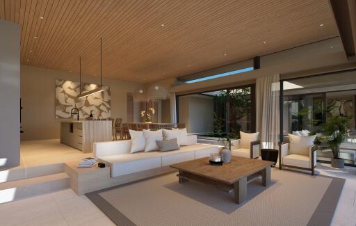 Spacious modern living room with open kitchen